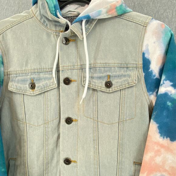 Brooklyn Cloth Mfg Denim Tie Dye Sleeve Button Front Hooded Jacket Mens Small - Picture 4 of 9